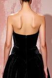 Black Strapless A Line Velvet Long Formal Dress