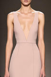 Champagne A Line V Neck Satin Long Formal Dress with Slit