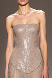 Sparkly Sequins Champagne Mermaid Strapless Long Formal Dress