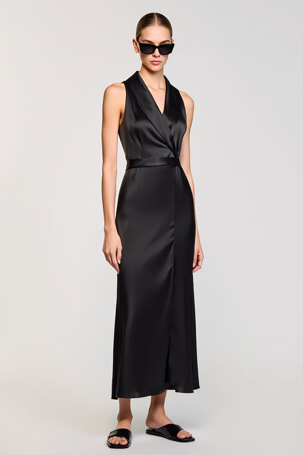 Black Satin Lapel Sheath Long Work Dress