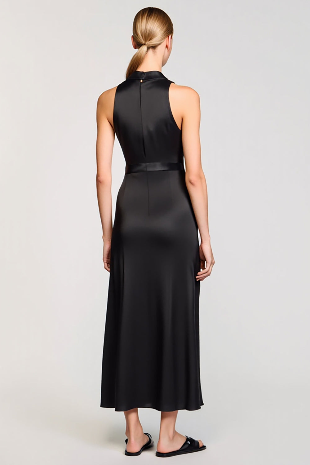 Black Satin Lapel Sheath Long Work Dress
