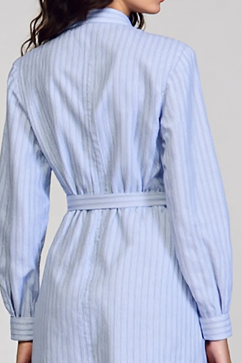 Long Sleeve Blue Stripes Bodycon Short Work Dress With Belt