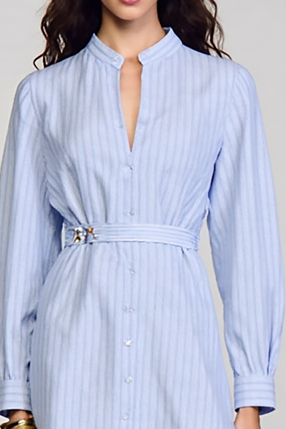 Long Sleeve Blue Stripes Bodycon Short Work Dress With Belt