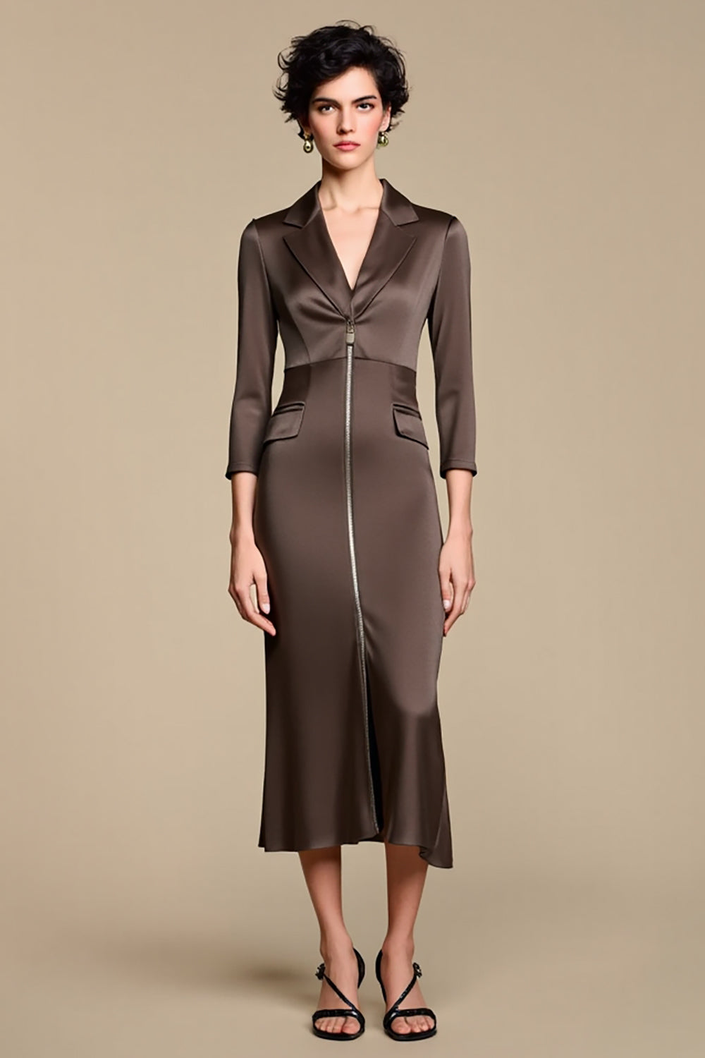 Brown Notched Lapel Sheath 3/4 Sleeves Long Work Dress