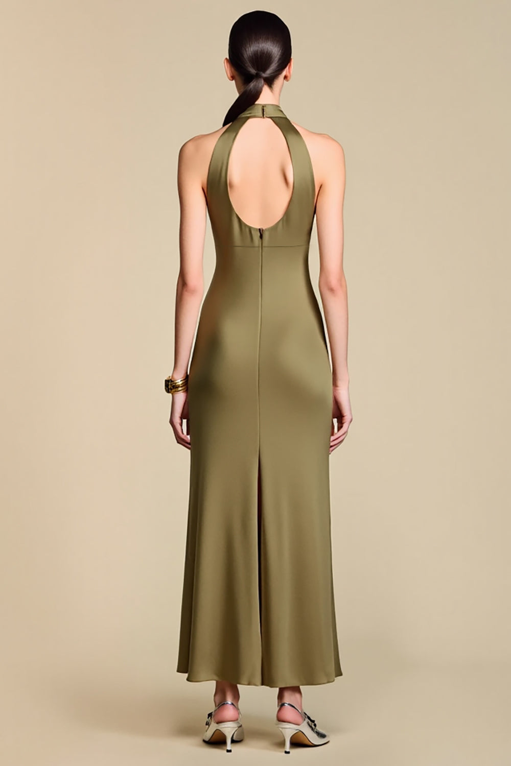 Sheath Olive Halter Neck Long Wedding Guest Dress with Keyhole