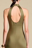 Sheath Olive Halter Neck Long Wedding Guest Dress with Keyhole