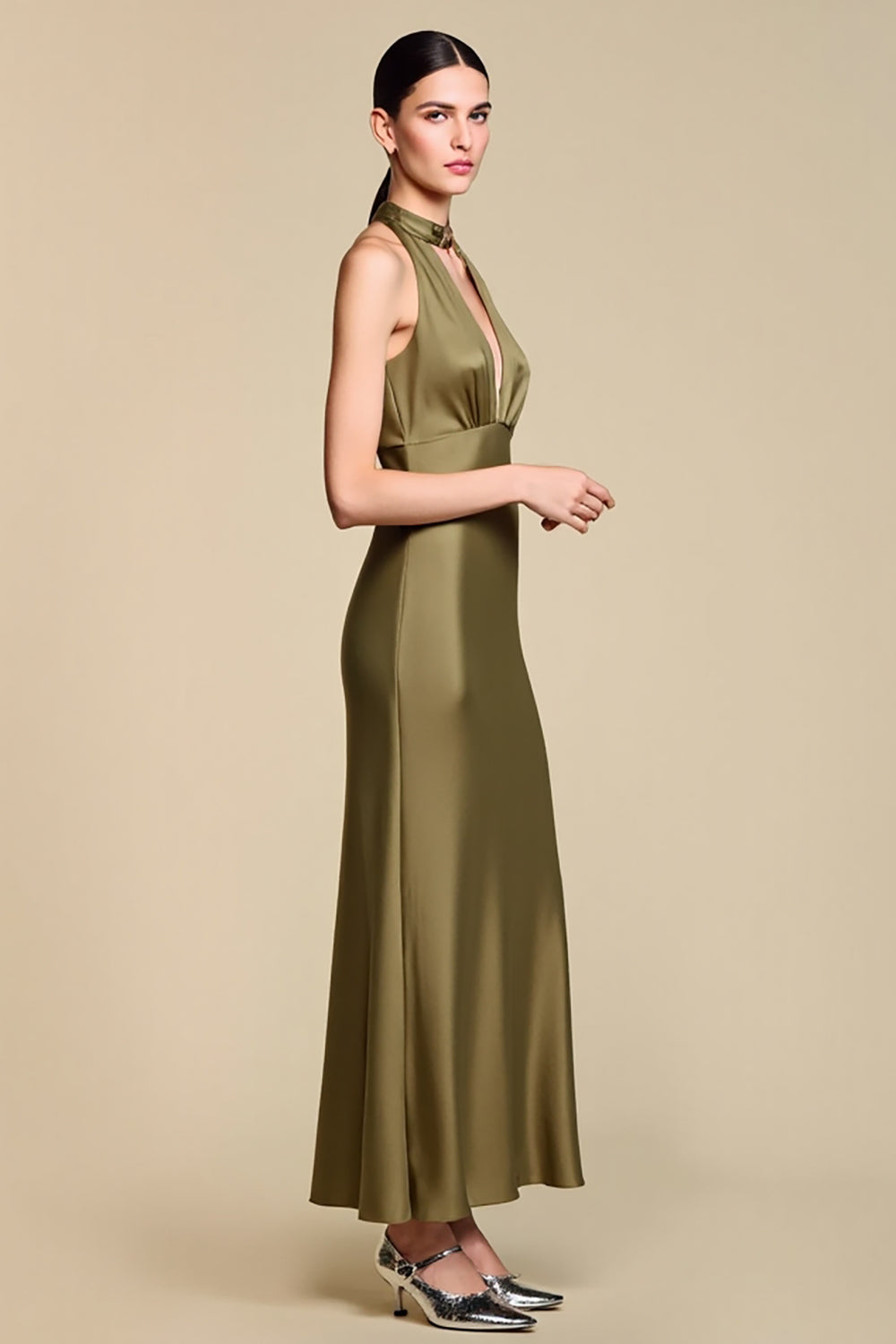 Sheath Olive Halter Neck Long Wedding Guest Dress with Keyhole