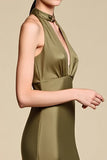 Sheath Olive Halter Neck Long Wedding Guest Dress with Keyhole