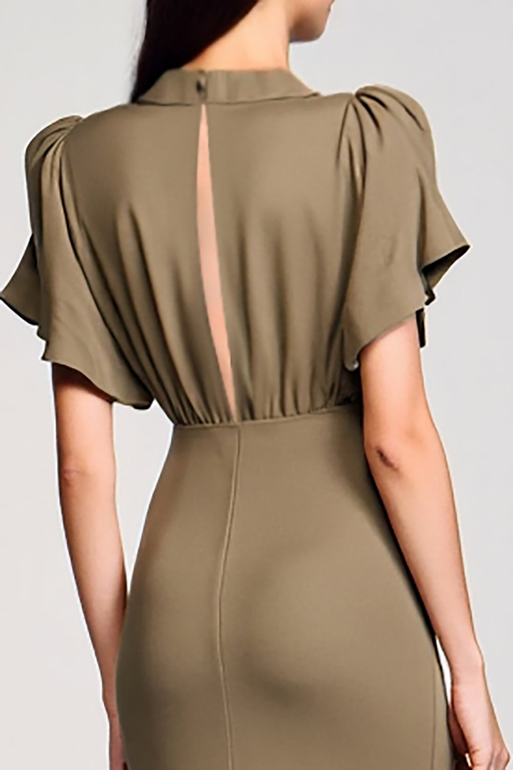 Olive Sheath Satin V Neck Long Wedding Guest Dress with Slit