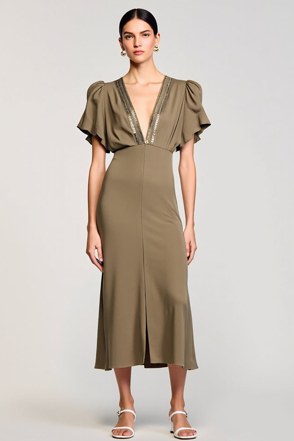 Olive Sheath Satin V Neck Long Wedding Guest Dress with Slit