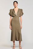 Olive Sheath Satin V Neck Long Wedding Guest Dress with Slit