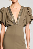 Olive Sheath Satin V Neck Long Wedding Guest Dress with Slit