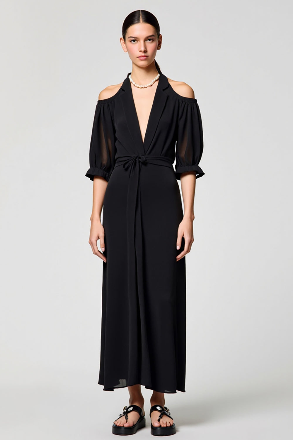 Black Cold Shoulder Chiffon Sheath Long Summer Dress