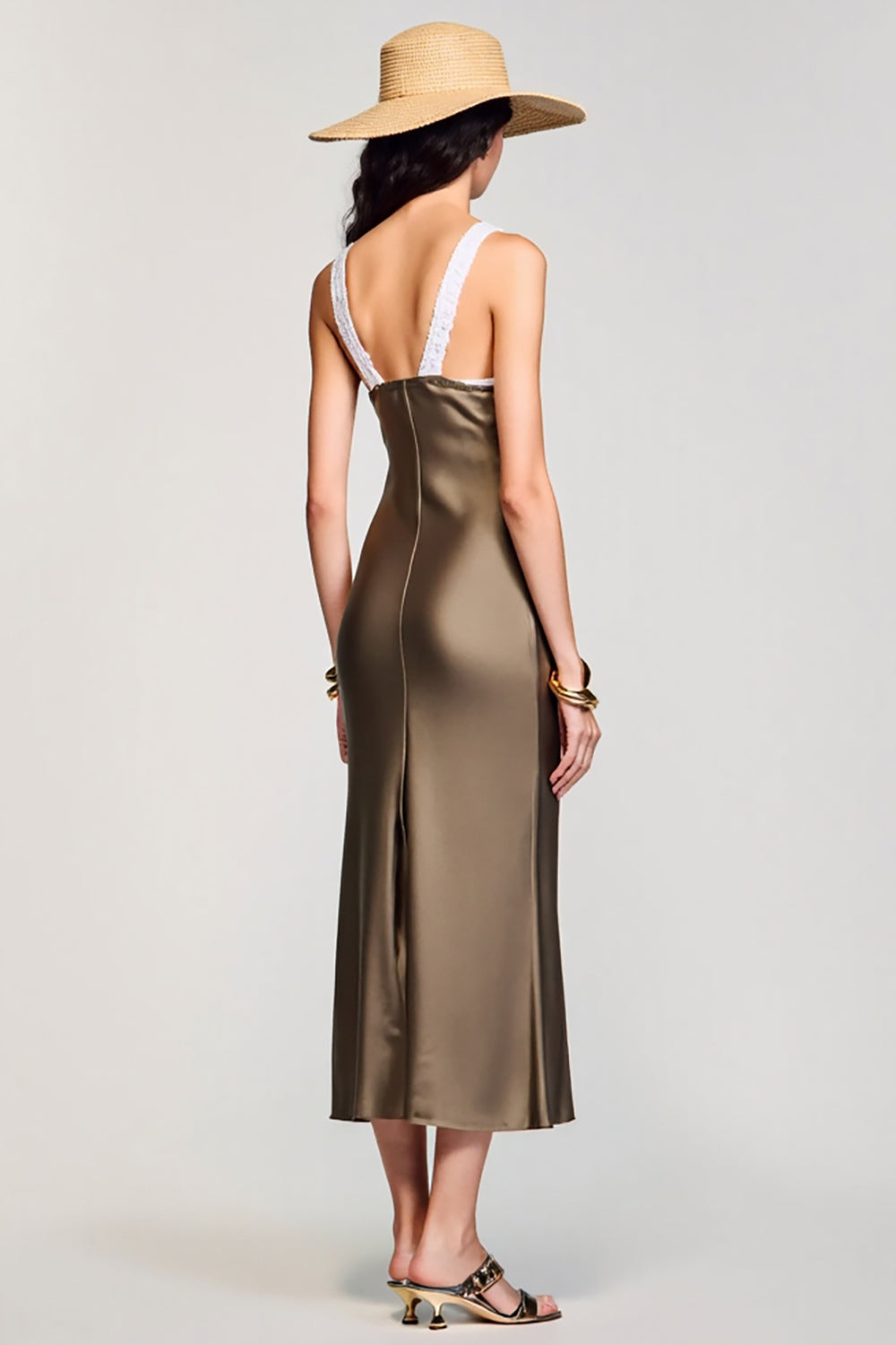 Olive Satin Sheath Round Neck Long Wedding Guest Dress