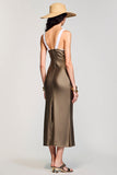 Olive Satin Sheath Round Neck Long Wedding Guest Dress