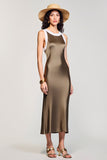 Olive Satin Sheath Round Neck Long Wedding Guest Dress