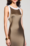 Olive Satin Sheath Round Neck Long Wedding Guest Dress
