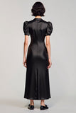 A Line Black Satin Puff Sleeves Long Summer Dress