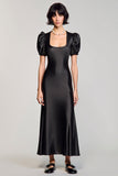 A Line Black Satin Puff Sleeves Long Summer Dress