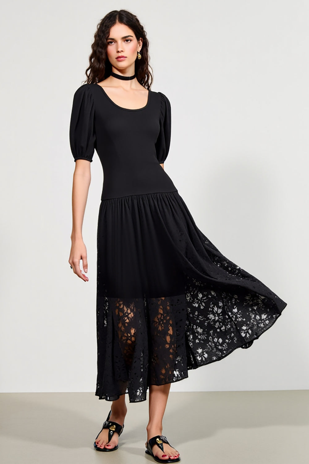 Black A Line Scoop Neck Boho Maxi Dress with Lace