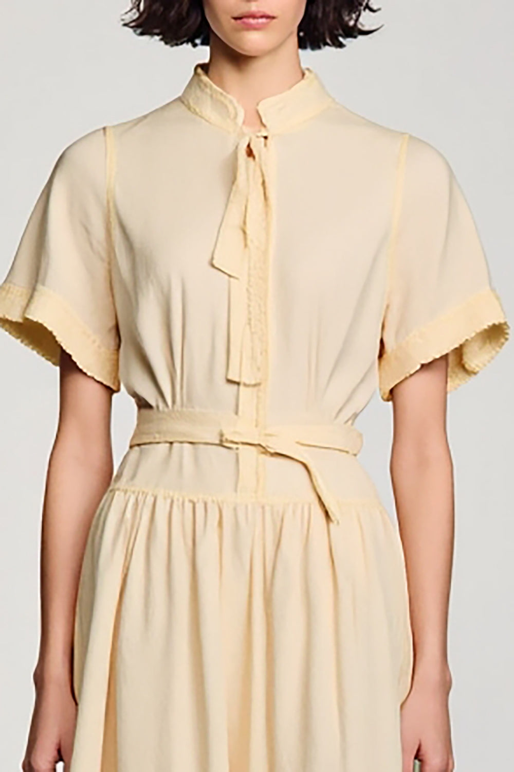 High Neck A Line Apricot Backless Long Work Dress With Belt