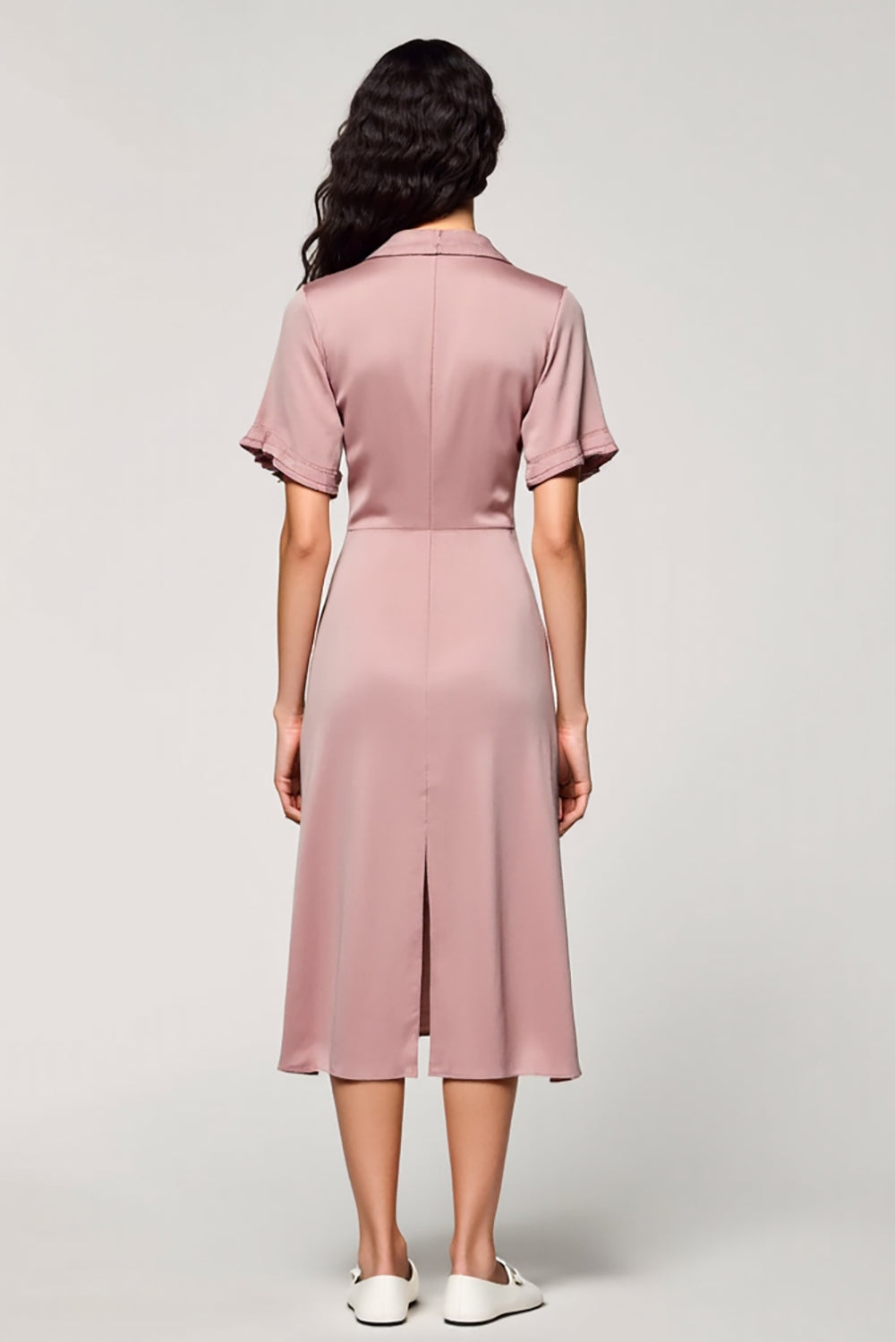 Pink A Line Lapel Single Breasted Long Work Dress with Sleeves