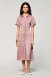Pink A Line Lapel Single Breasted Long Work Dress with Sleeves