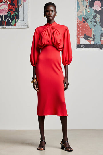 Red Sheath Satin 3/4 Sleeves Midi Wedding Guest Dress