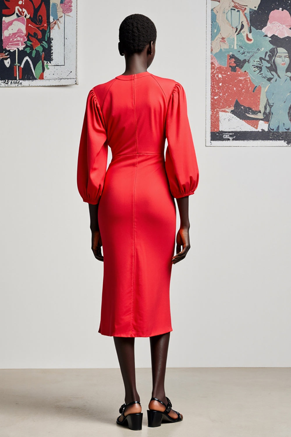 Red Sheath Satin 3/4 Sleeves Midi Wedding Guest Dress