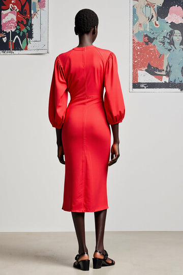 Red Sheath Satin 3/4 Sleeves Midi Wedding Guest Dress