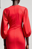 Red Sheath Satin 3/4 Sleeves Midi Wedding Guest Dress