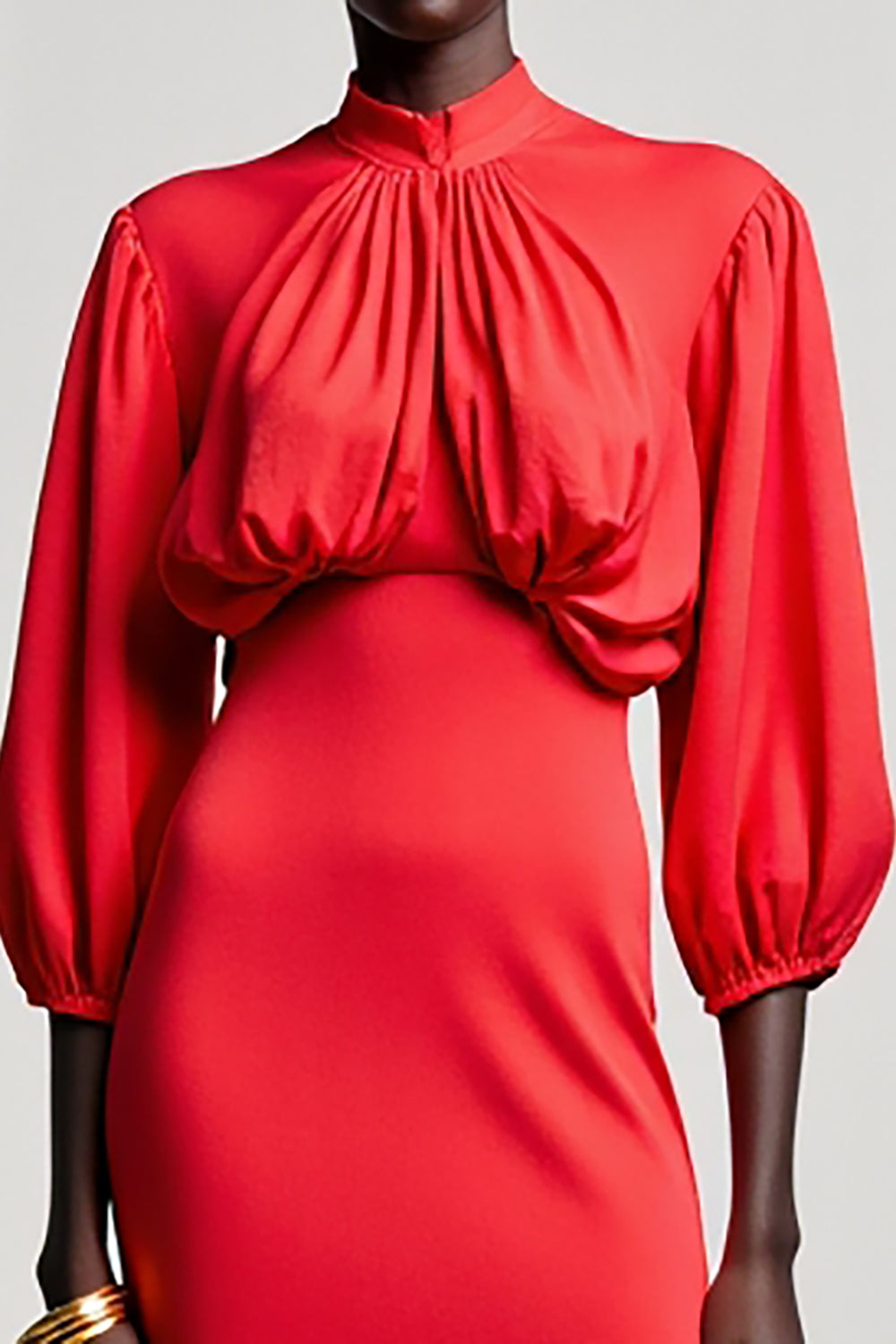 Red Sheath Satin 3/4 Sleeves Midi Wedding Guest Dress