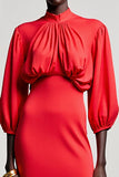 Red Sheath Satin 3/4 Sleeves Midi Wedding Guest Dress
