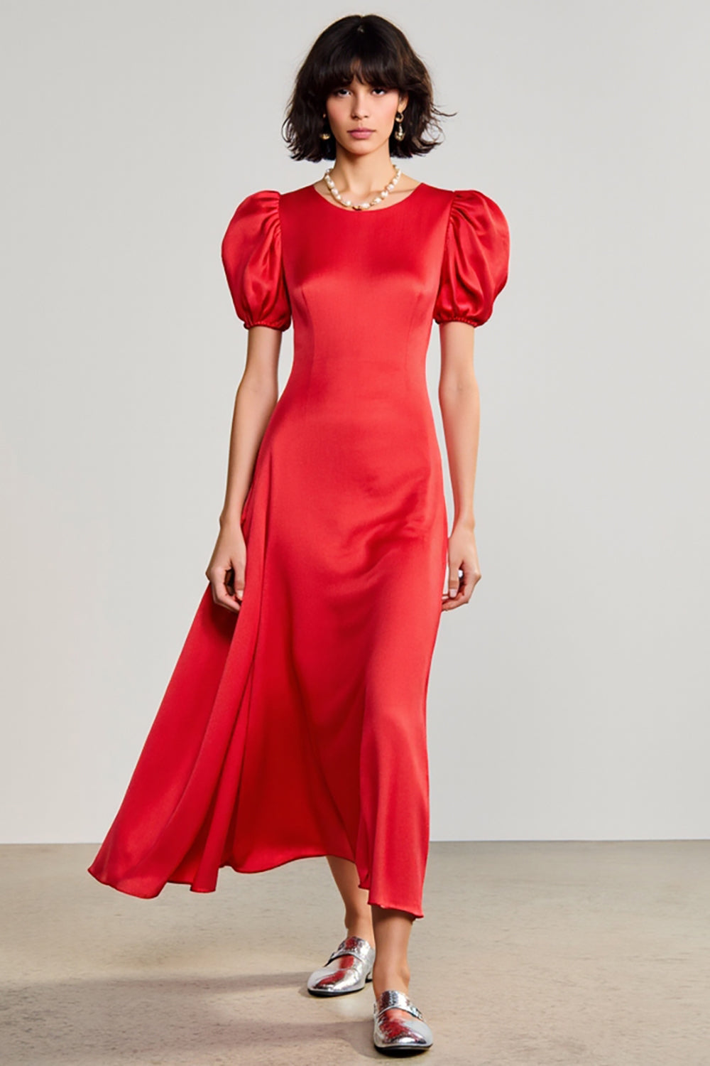 Red A Line Satin Puff Sleeves Long Wedding Guest Dress