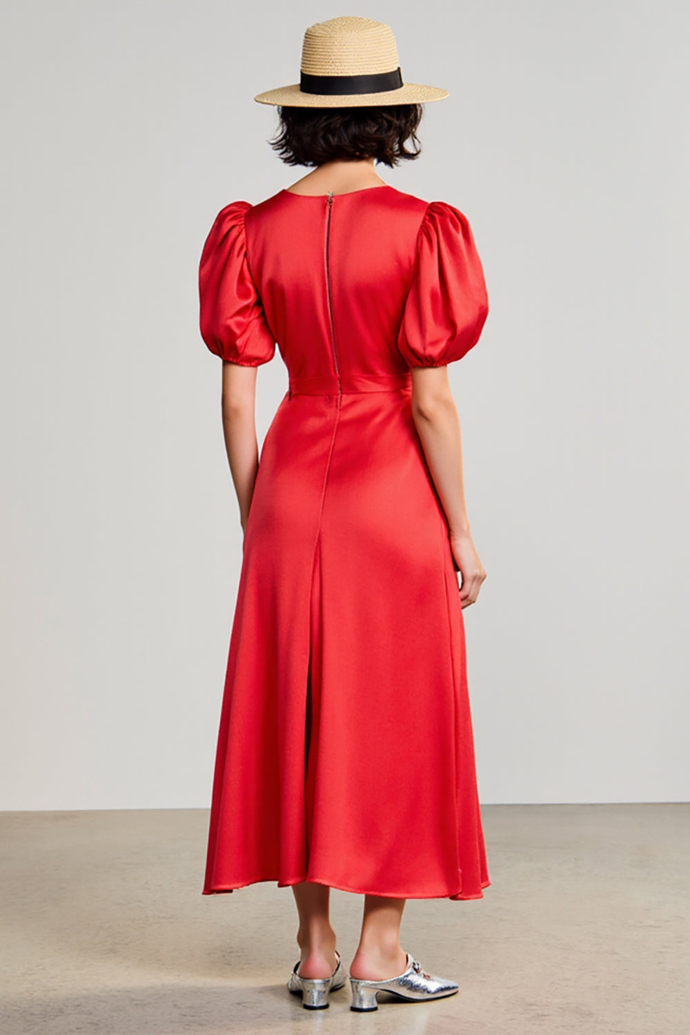 Red A Line Satin Puff Sleeves Long Wedding Guest Dress
