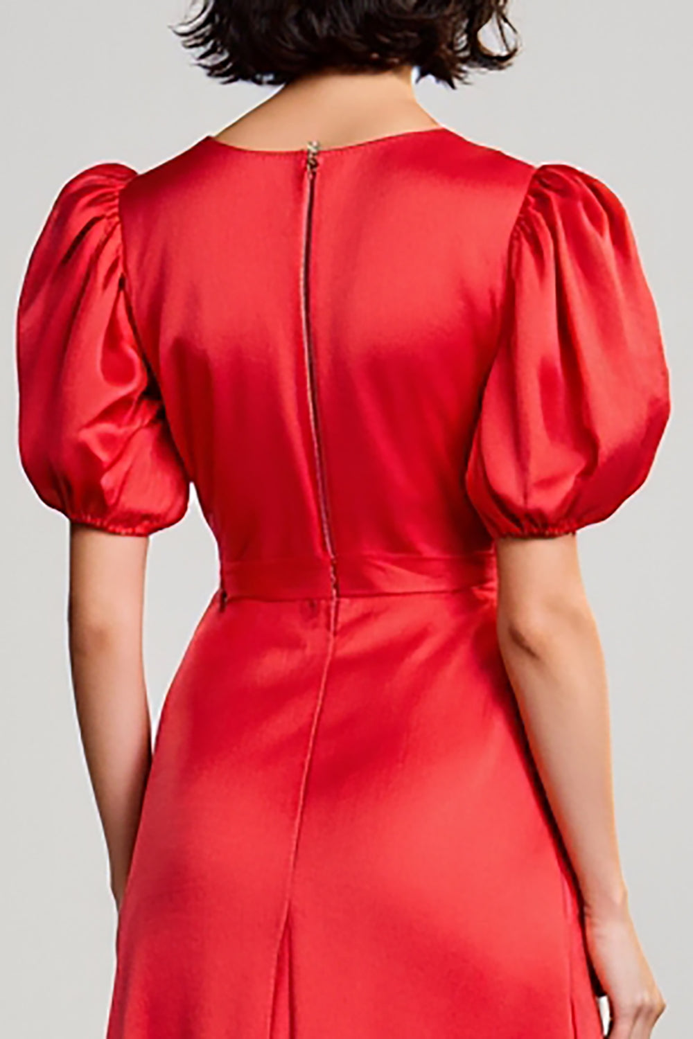 Red A Line Satin Puff Sleeves Long Wedding Guest Dress