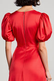 Red A Line Satin Puff Sleeves Long Wedding Guest Dress
