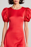 Red A Line Satin Puff Sleeves Long Wedding Guest Dress
