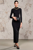 Black Satin High Neck Long Summer Dress with Sleeves
