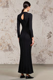 Black Satin High Neck Long Summer Dress with Sleeves