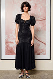 Black A Line Puff Sleeves Square Neck Long Summer Dress