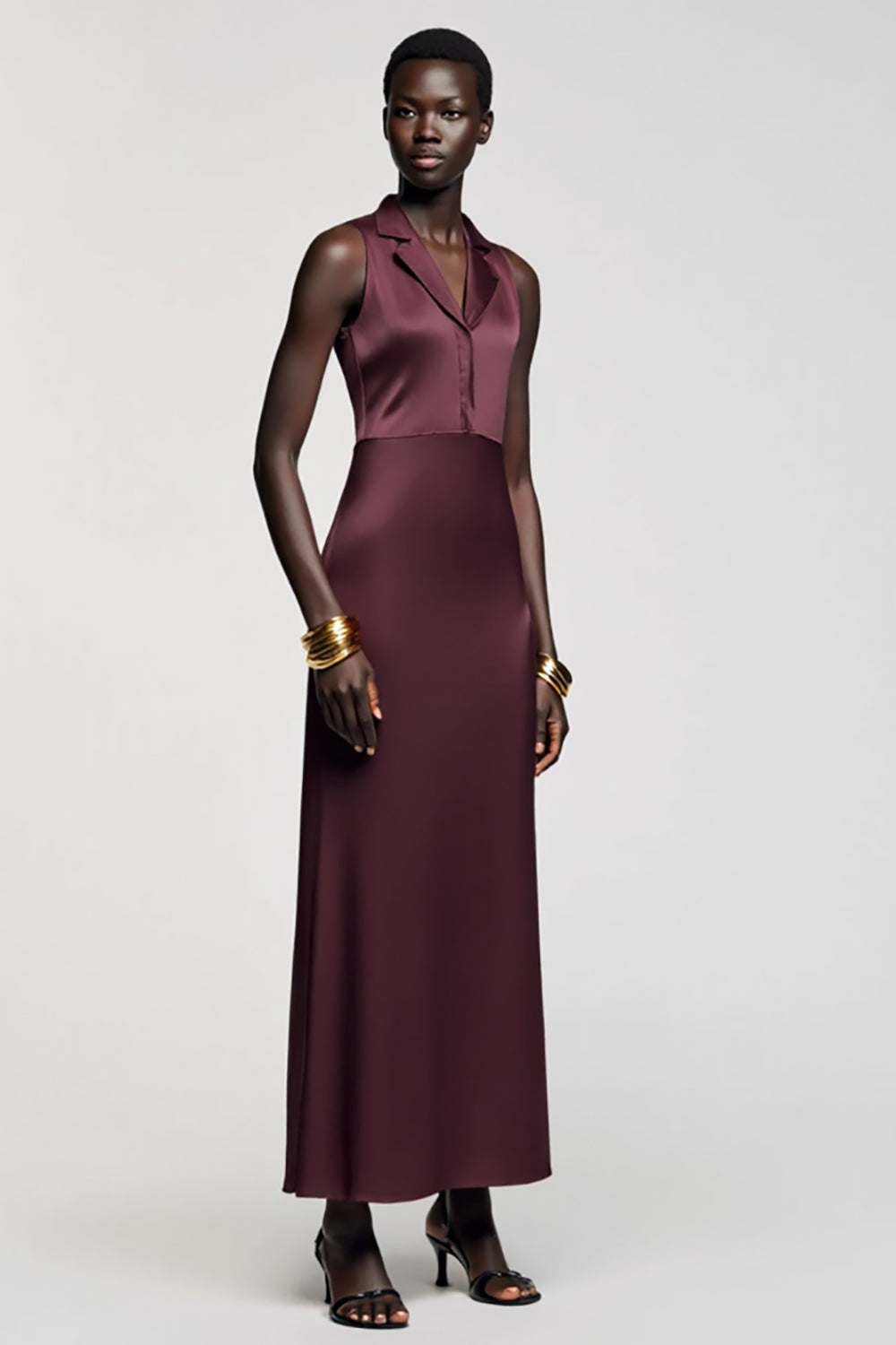 Dark Red Notched Lapel Satin Sheath Long Wedding Guest Dress