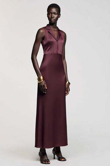 Dark Red Notched Lapel Satin Sheath Long Wedding Guest Dress
