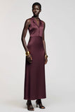 Dark Red Notched Lapel Satin Sheath Long Wedding Guest Dress