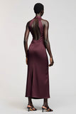 Dark Red Notched Lapel Satin Sheath Long Wedding Guest Dress