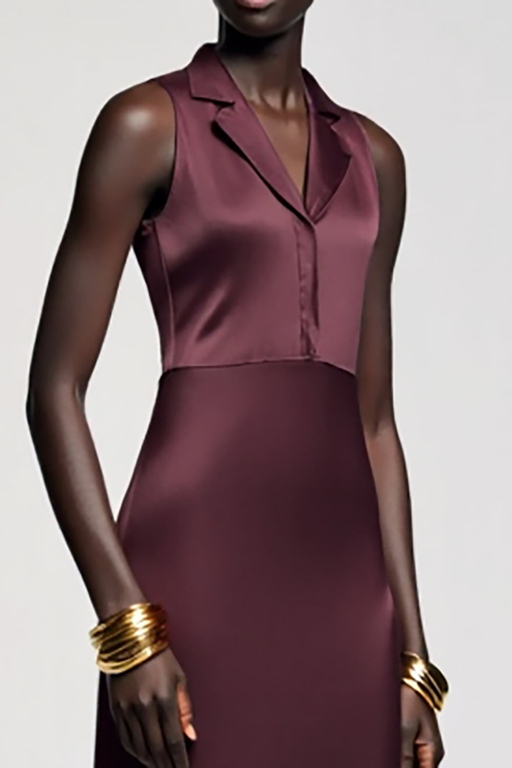 Dark Red Notched Lapel Satin Sheath Long Wedding Guest Dress