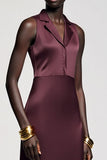 Dark Red Notched Lapel Satin Sheath Long Wedding Guest Dress