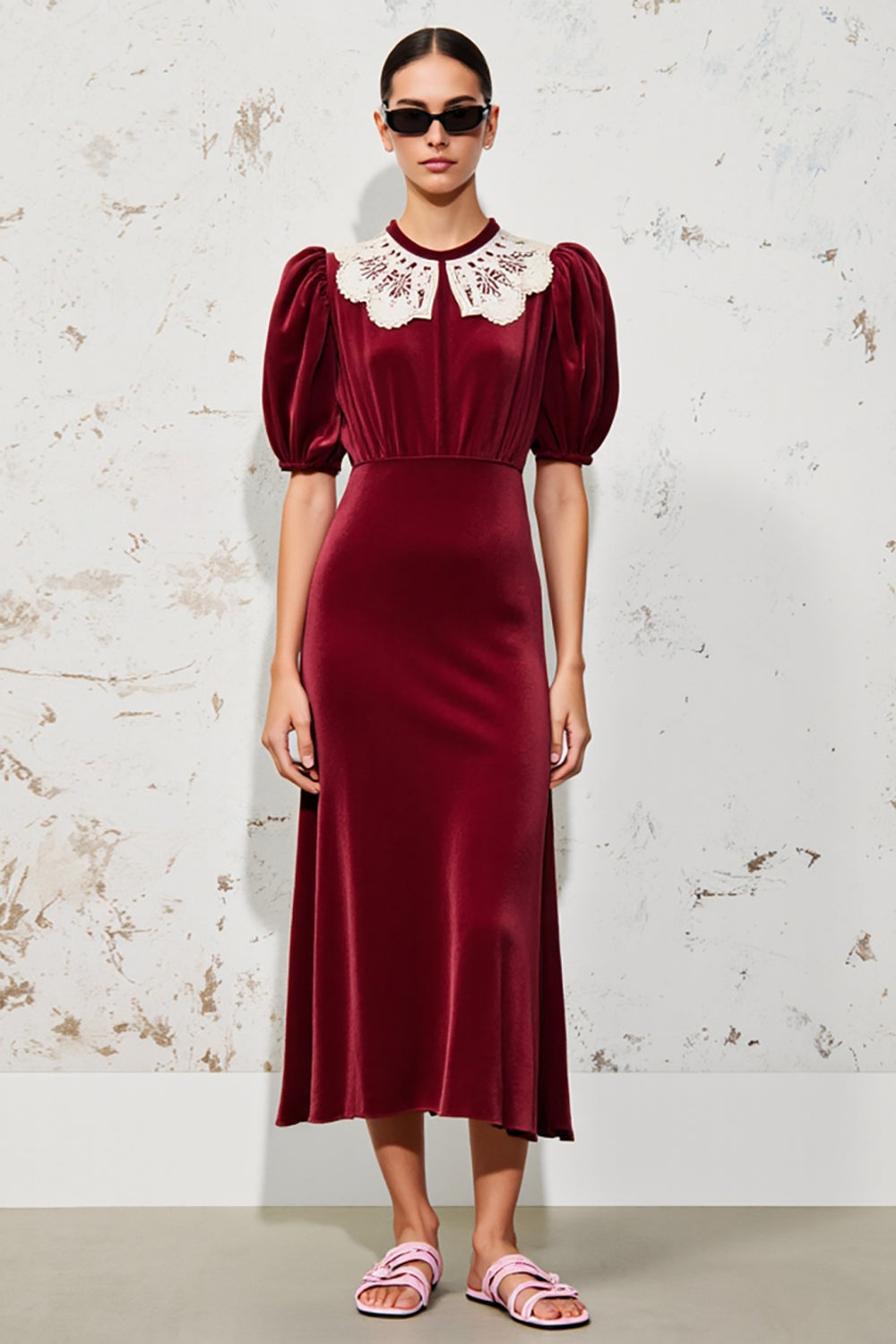Dark Red A Line Long Wedding Guest Dress with Sleeves