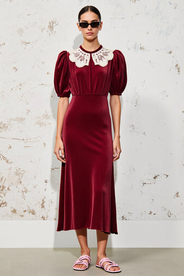 Dark Red A Line Long Wedding Guest Dress with Sleeves