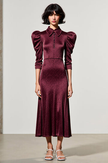 Dark Red A Line Lapel Neck Wedding Guest Dress with Sleeves